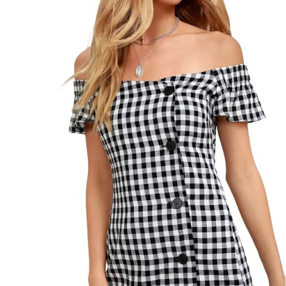 Lulus Check Please Off Shoulder Gingham Dress Nwt - Picture 2 of 12
